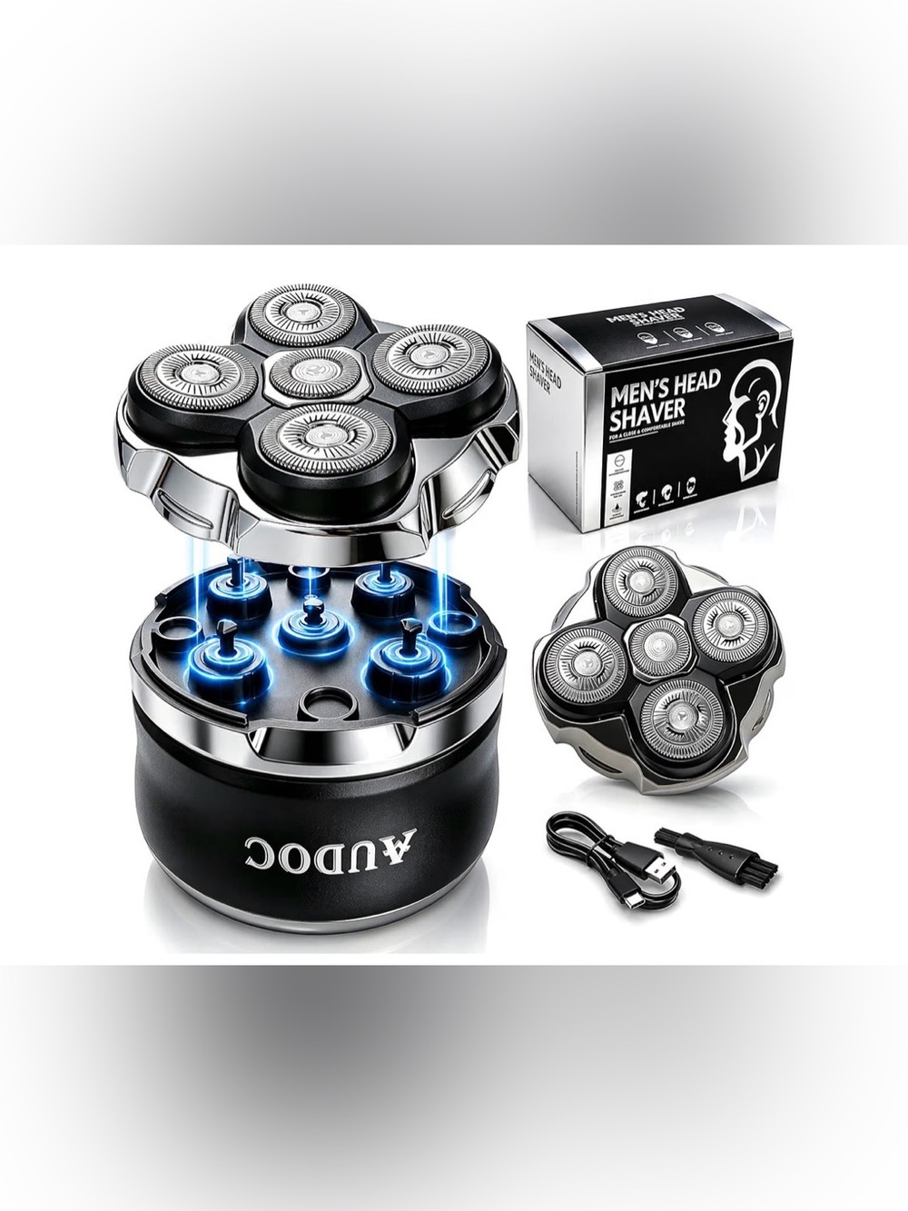 Head Shaver for Bald Men 2 Magnetic Detachable Heads Wet Dry Rotary LED Display